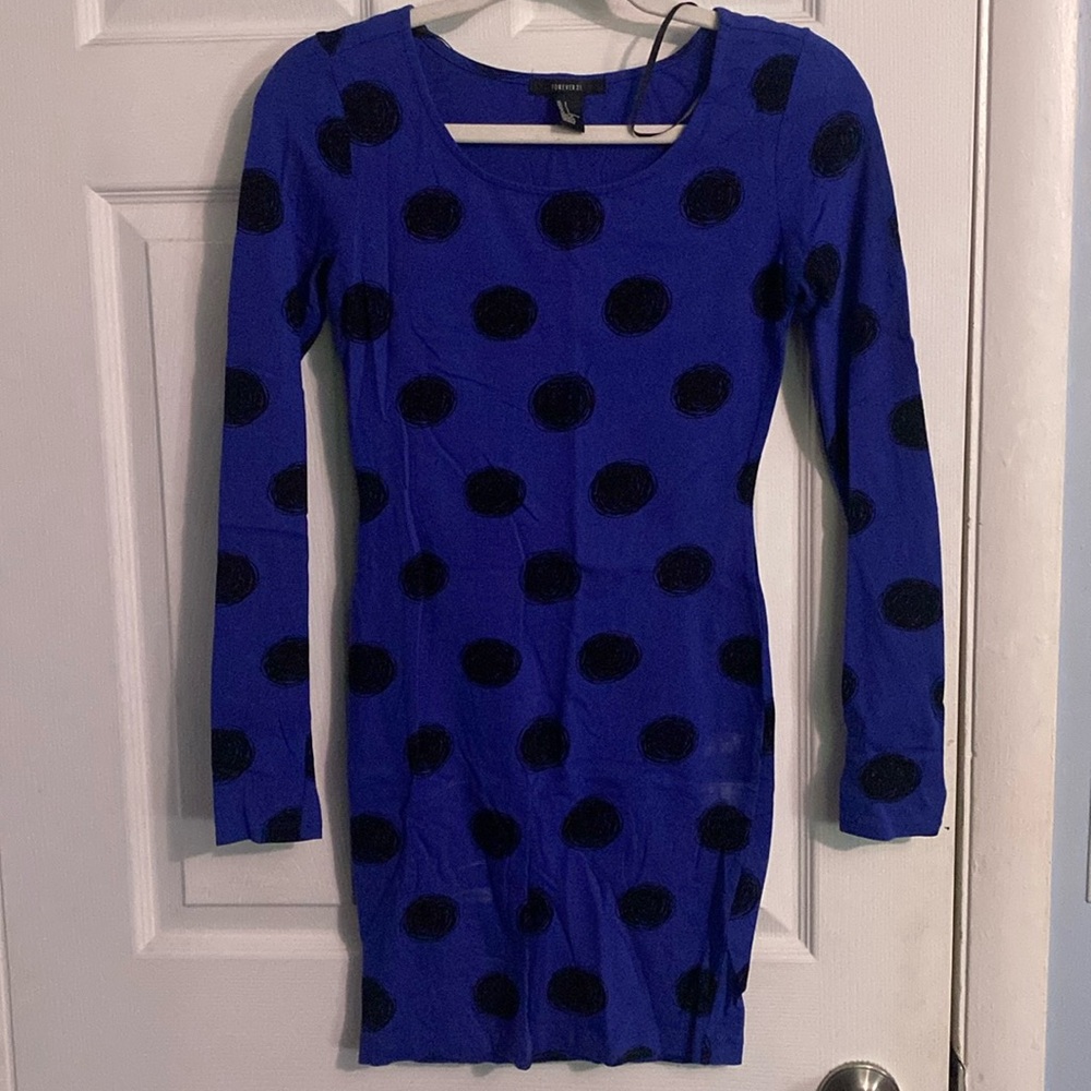 Forever 21 blue black dotted mini dress, long sleeve, small